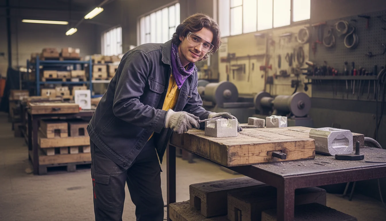 Metall- und Glockengießer in der Fachrichtung Metallgusstechnik beim Abgießen einer Sandform