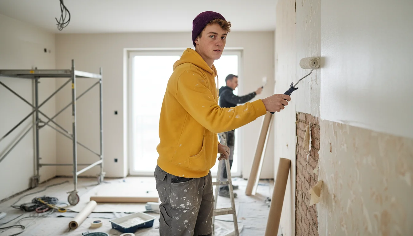 Maler und Lackierer bei der farblichen Gestaltung einer Innenwand in der Fachrichtung Gestaltung und Instandhaltung