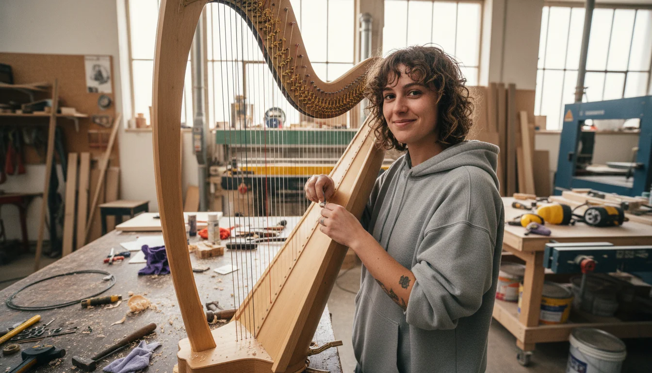 Zupfinstrumentenmacherin in der Fachrichtung Harfenbau beim Bau eines Instruments