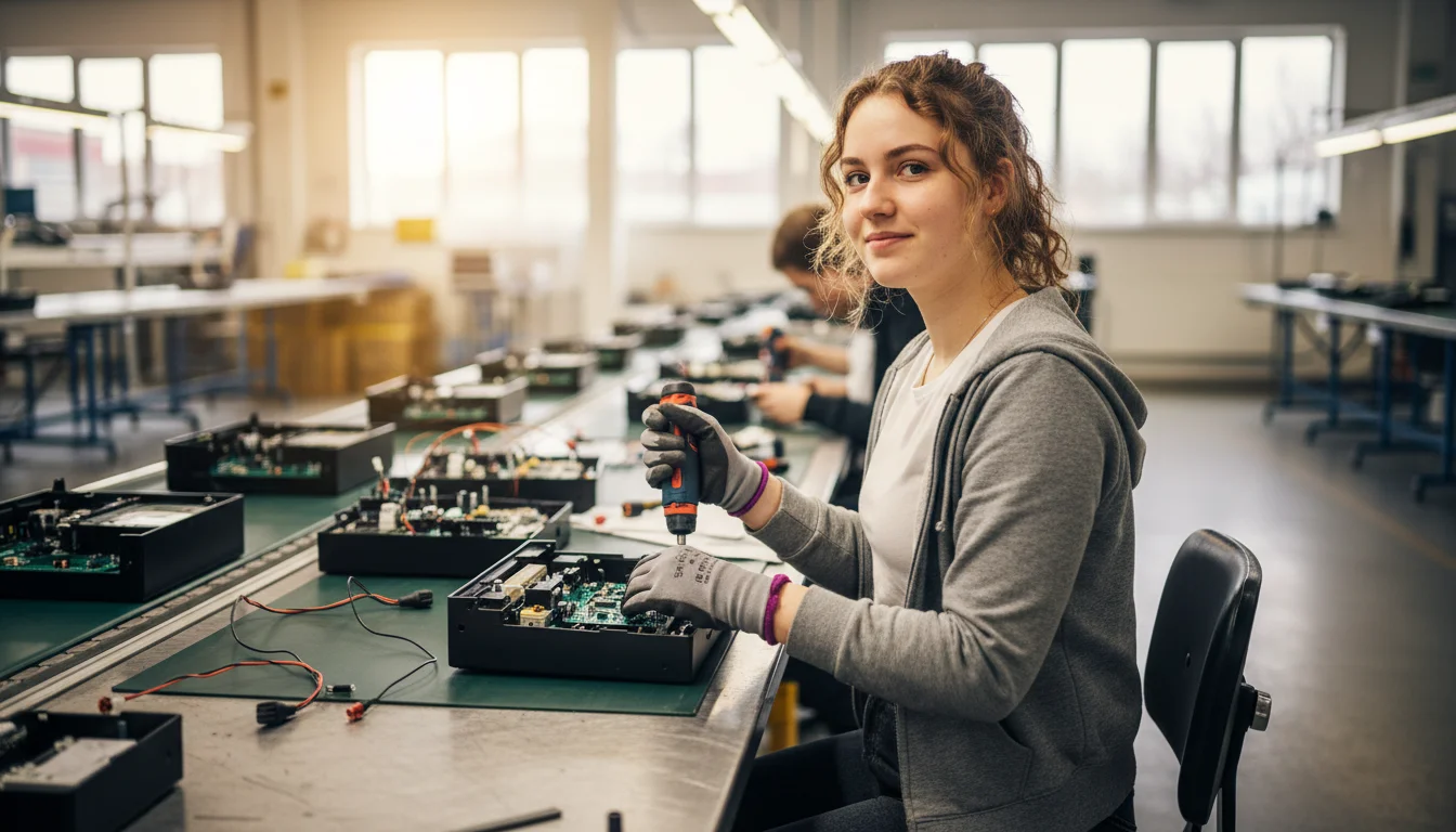 Fertigungsmechanikerin bei der Montage und Prüfung einer industriellen Baugruppe