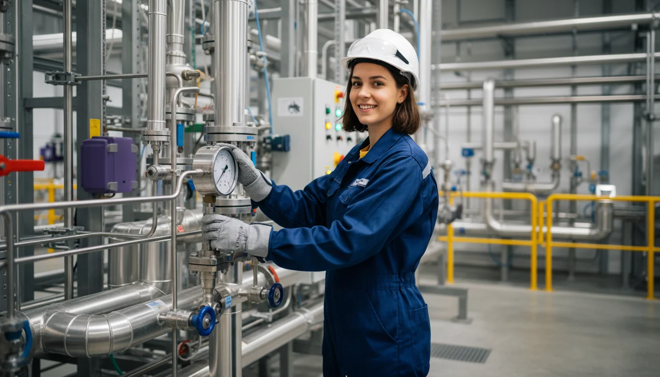 Produktionsfachkraft Chemie bei der Kontrolle einer chemischen Produktionsanlage