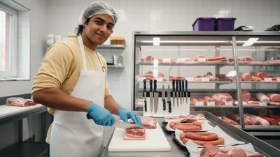 Fleischerin beim fachgerechten Zerlegen und Herrichten eines Fleischteils in einem hygienischen Arbeitsbereich