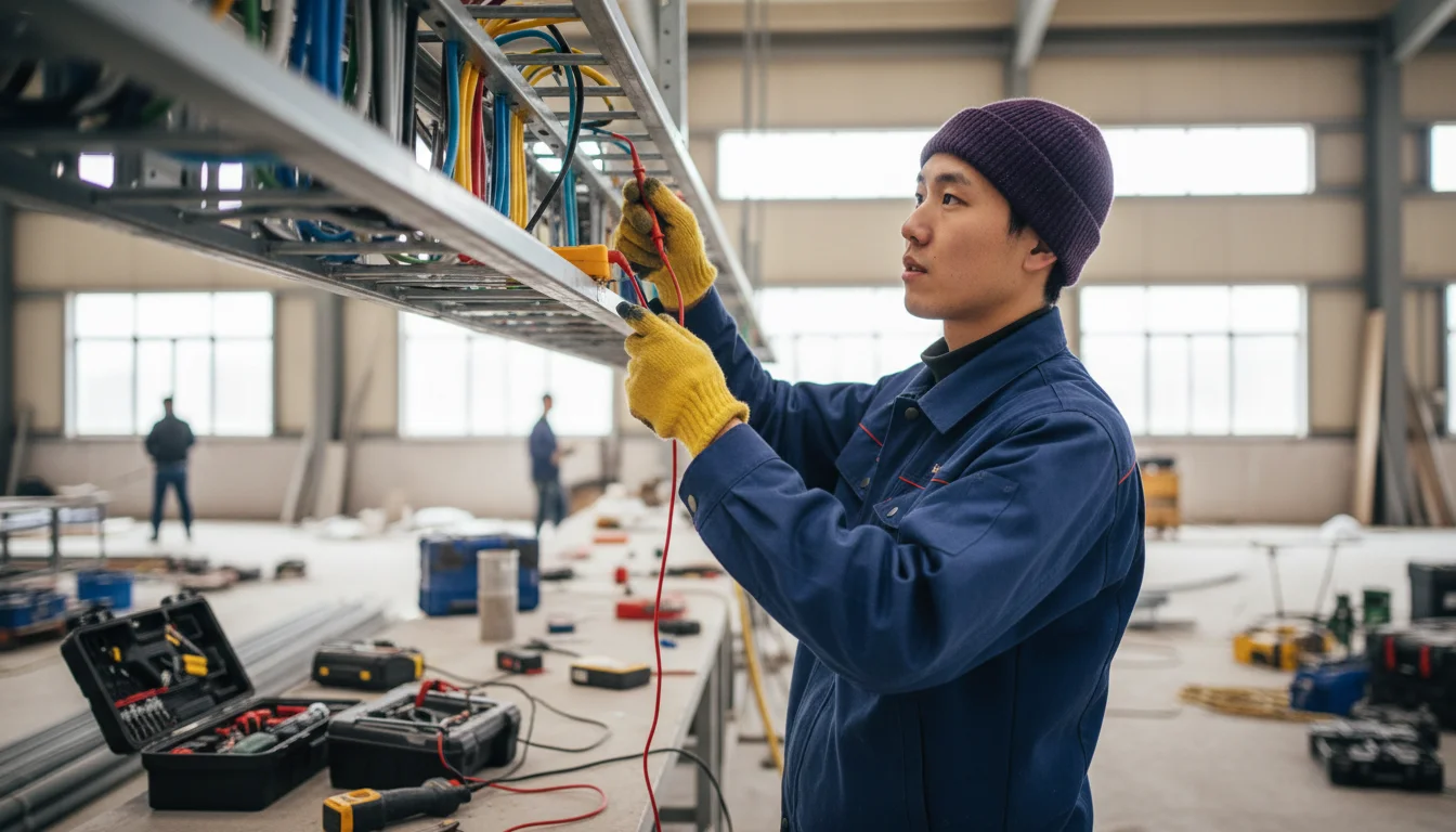 Elektroanlagenmonteurin beim Verdrahten eines Schaltschranks auf einer Montagestelle