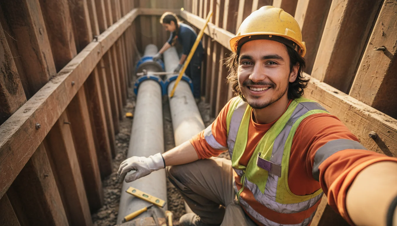 Kanalbauerin für Infrastrukturtechnik beim Einmessen einer neuen Abwasserleitung auf einer Tiefbaustelle