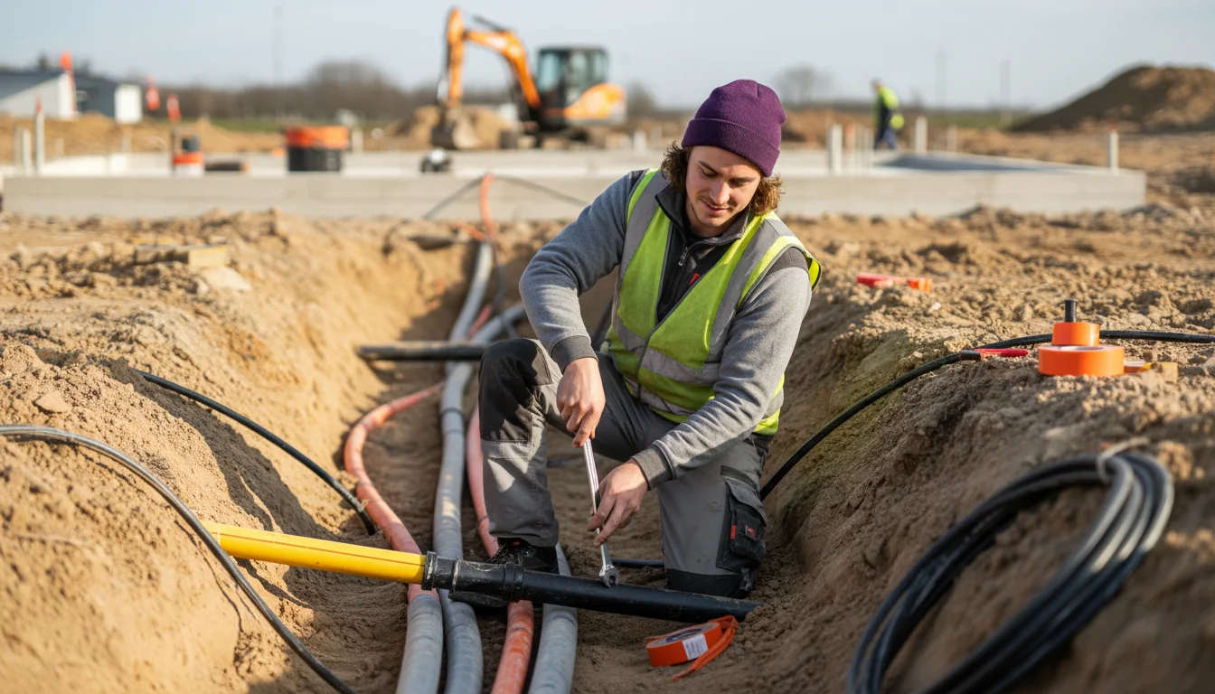Leitungsbauerin für Infrastrukturtechnik beim Einbau einer Versorgungsleitung in einem Graben