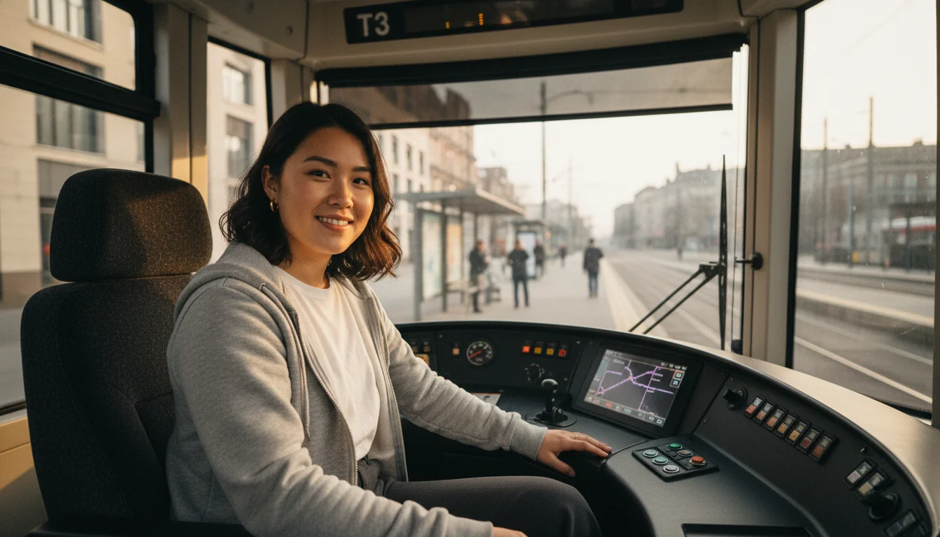 Fachkraft im Fahrbetrieb beim Kontrollieren des Fahrerarbeitsplatzes in einem Linienbus