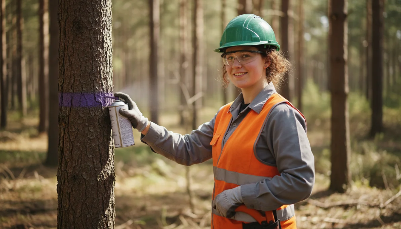 Forstwirtin bei der Pflege eines jungen Waldbestands mit persönlicher Schutzausrüstung