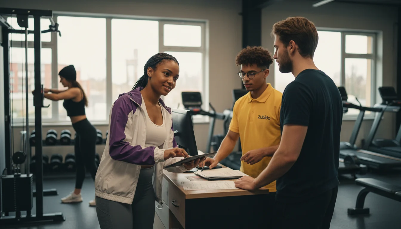 Sport- und Fitnesskauffrau bei der Beratung eines Mitglieds im Fitnessstudio