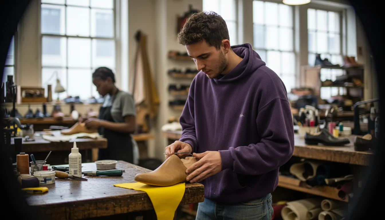 Maßschuhmacherin in der Fachrichtung Maßschuhe beim Anpassen eines individuell gefertigten Schuhs