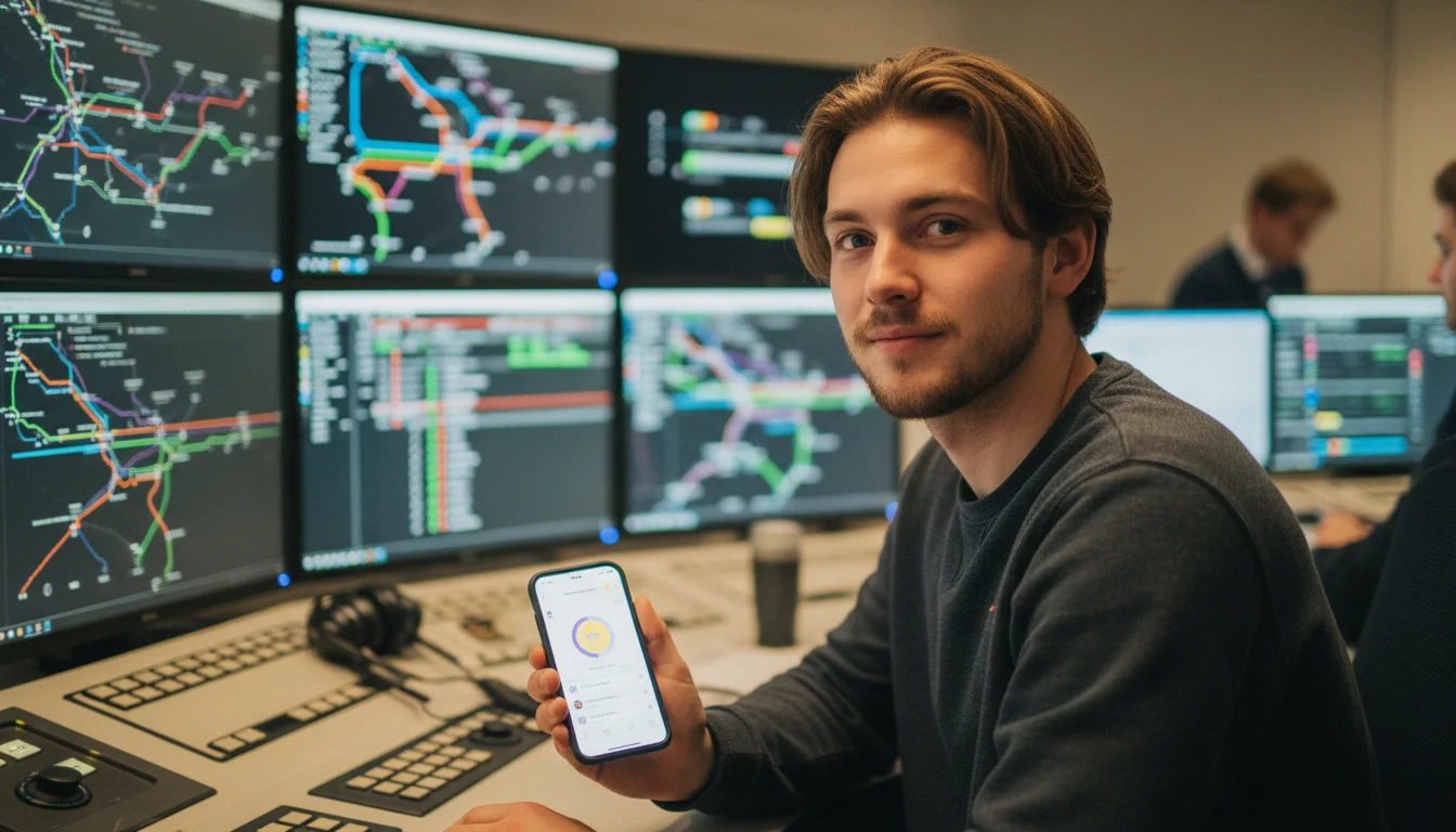 Eisenbahner in der Zugverkehrssteuerung an einem digitalen Stellwerkarbeitsplatz