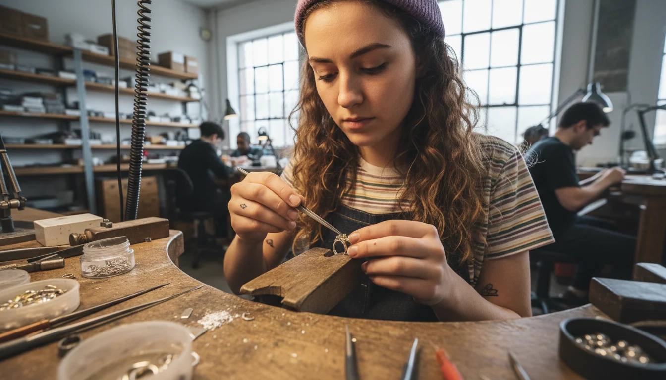 Goldschmiedin in der Fachrichtung Schmuck beim Formen eines Schmuckteils mit Hammer und Punzen