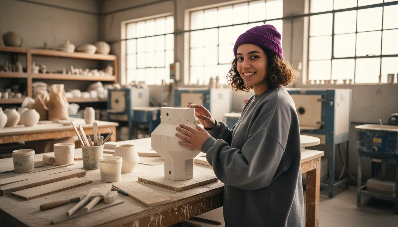 Industriekeramikerin Modelltechnik bei einer qualitätsrelevanten Arbeit in der keramischen Fertigung