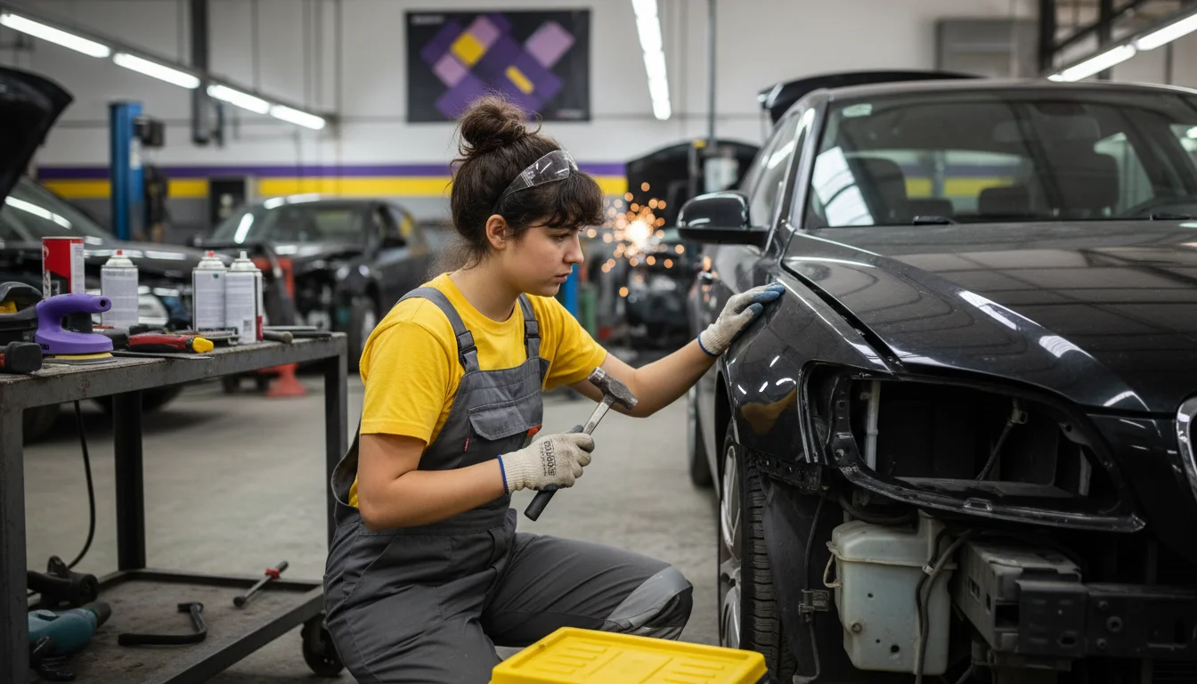 Karosserie- und Fahrzeugbaumechanikerin in der Fachrichtung Karosserieinstandhaltungstechnik bei einer präzisen Arbeit am Fahrzeug