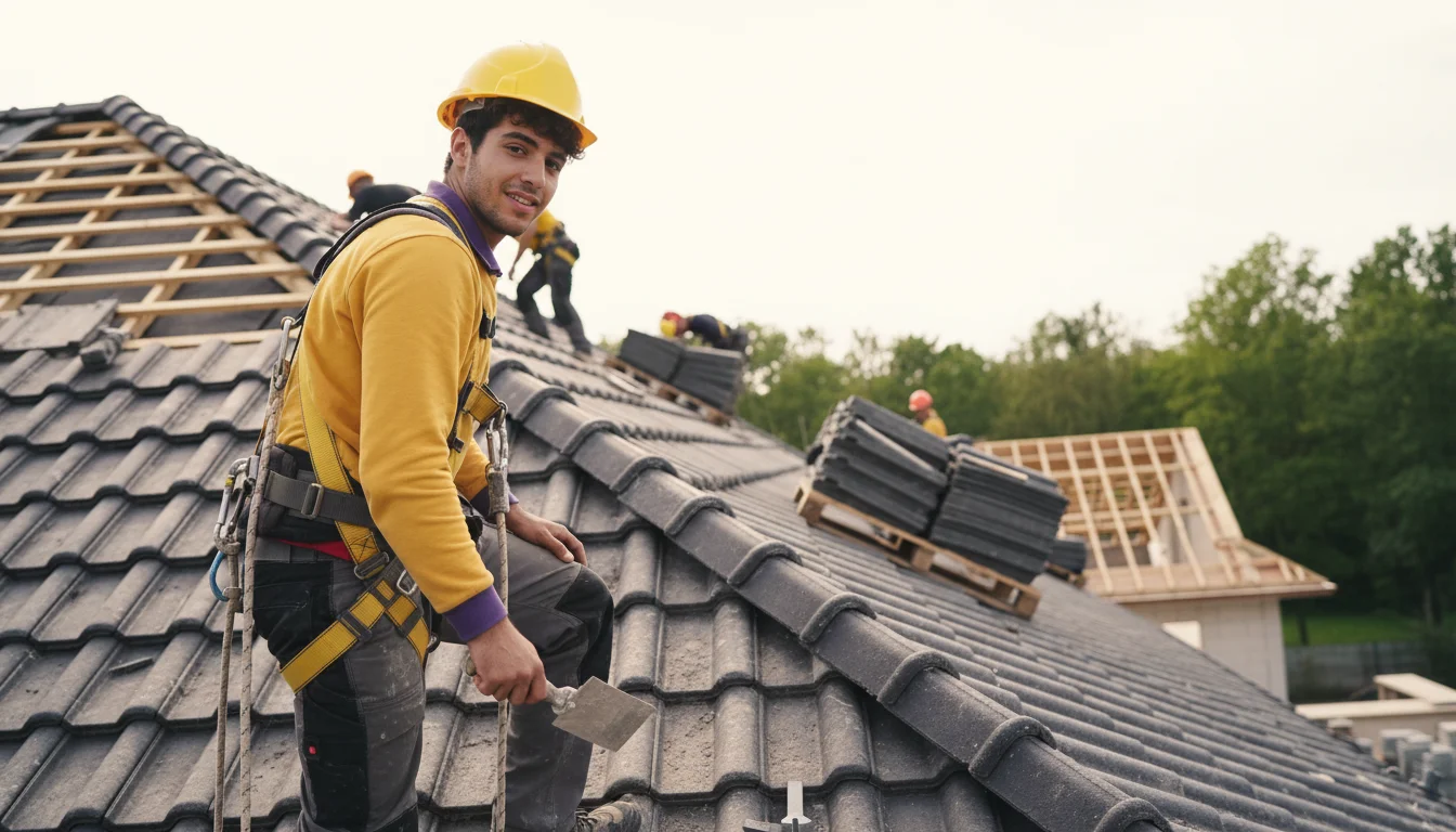 Dachdeckerin im Schwerpunkt Energietechnik an Dach und Wand bei der Montage eines Solarmoduls
