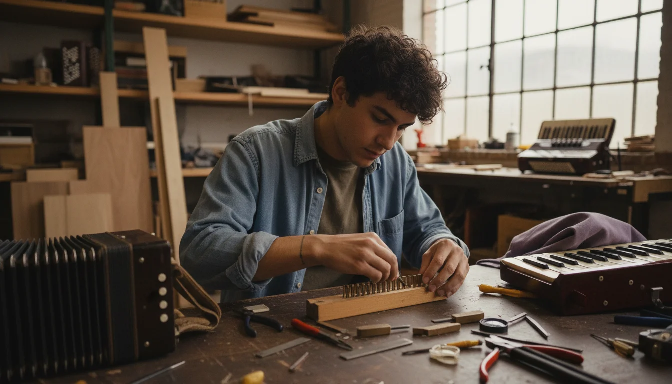 Handzuginstrumentenmacher beim Montieren und Stimmen eines Akkordeons in einer Instrumentenwerkstatt