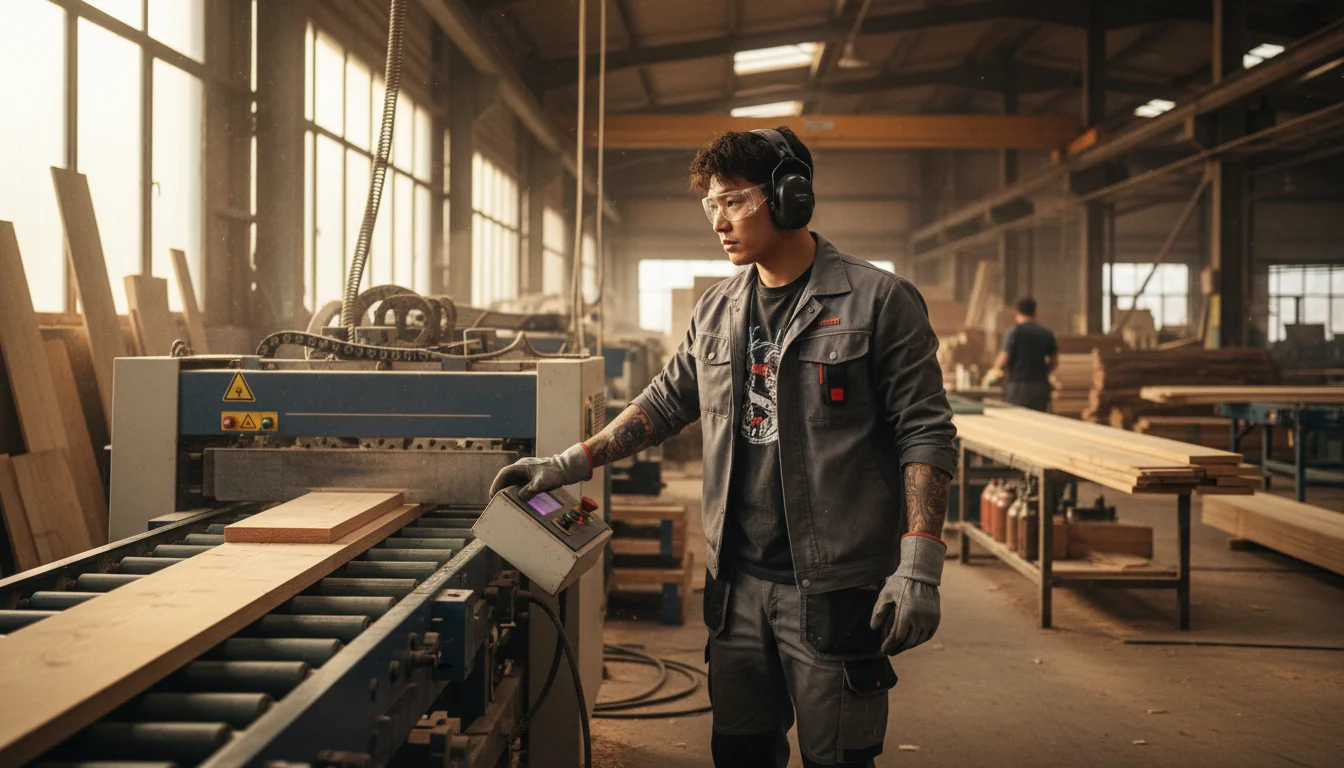 Holzbearbeitungsmechanikerin beim Überwachen einer automatisierten Holzbearbeitungsanlage