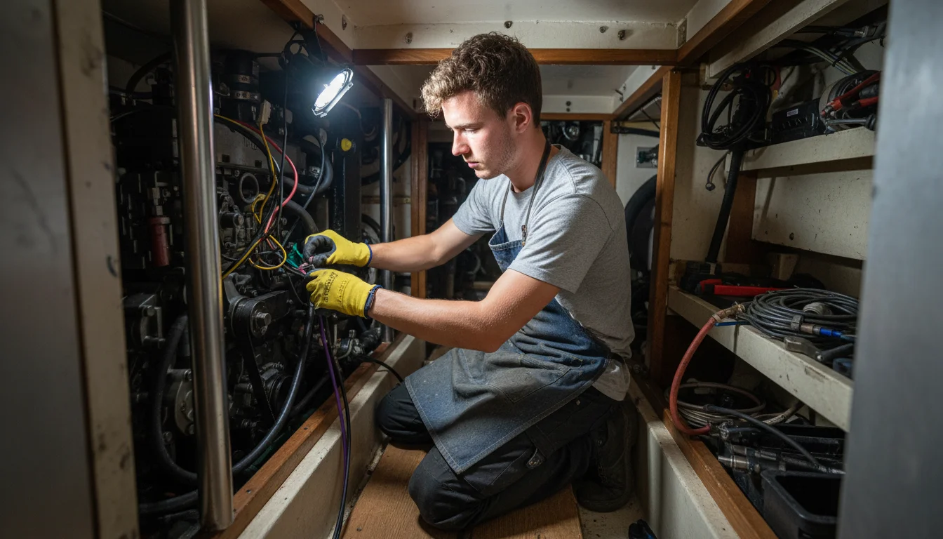 Bootsbauerin in der Fachrichtung Technik bei der Installation einer technischen Bordanlage