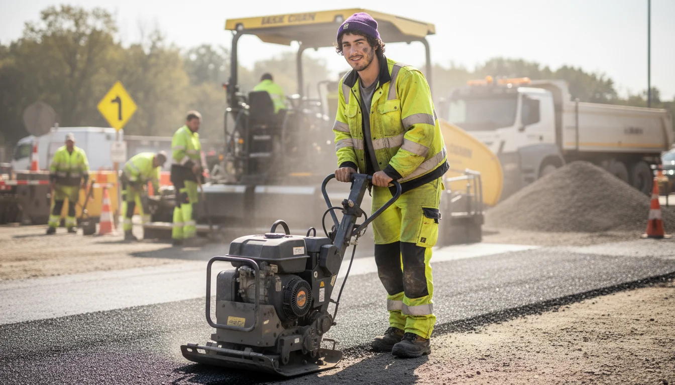 Asphaltbauer beim Einbau von Gussasphalt auf einer Baustelle