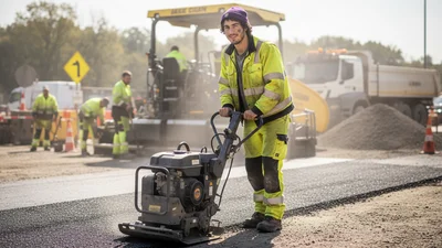 Asphaltbauer beim Einbau von Gussasphalt auf einer Baustelle