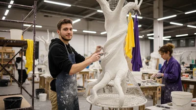 Bühnenmalerin und -plastikerin in der Fachrichtung Malerei beim Gestalten eines Bühnenbildes