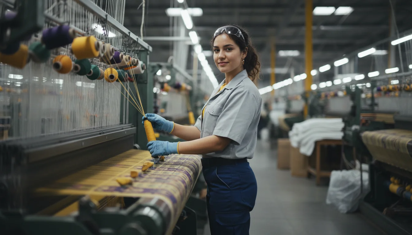 Produktionsmechanikerin-Textil beim Einrichten einer textilen Produktionsanlage