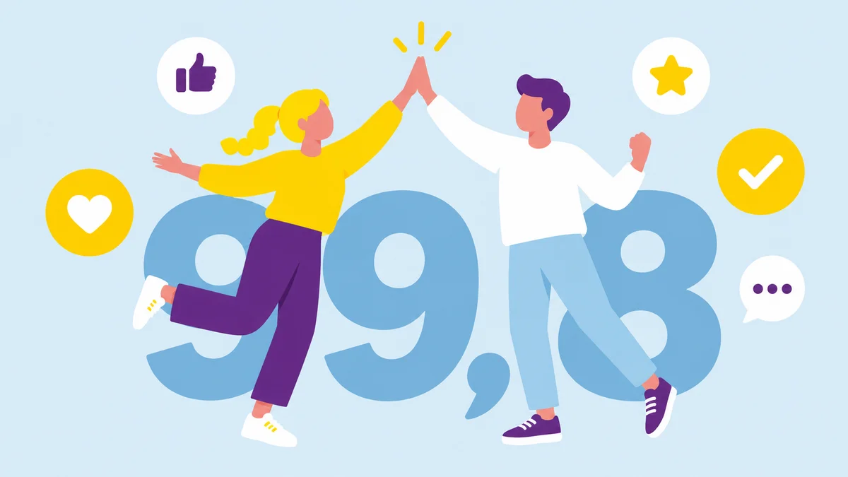 Zwei Personen geben sich ein High Five vor der großen Zahl 99,8, umgeben von Symbolen für Bewertung und Feedback.