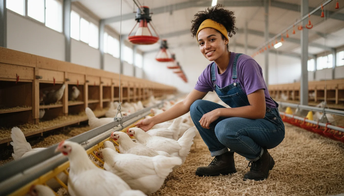 Tierwirtin in der Fachrichtung Geflügelhaltung bei der Versorgung des Tierbestands