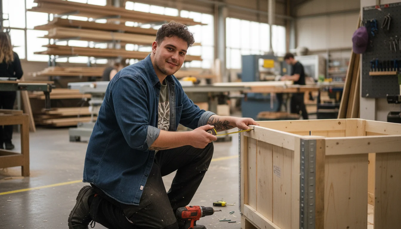 Holzmechanikerin in der Fachrichtung Holzpackmitteln und Rahmen bei einer präzisen Arbeit an einem Holzbauteil