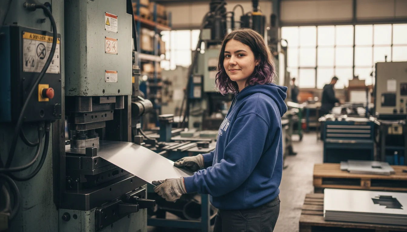 Stanz- und Umformmechanikerin beim Einrichten einer automatisierten Pressenanlage