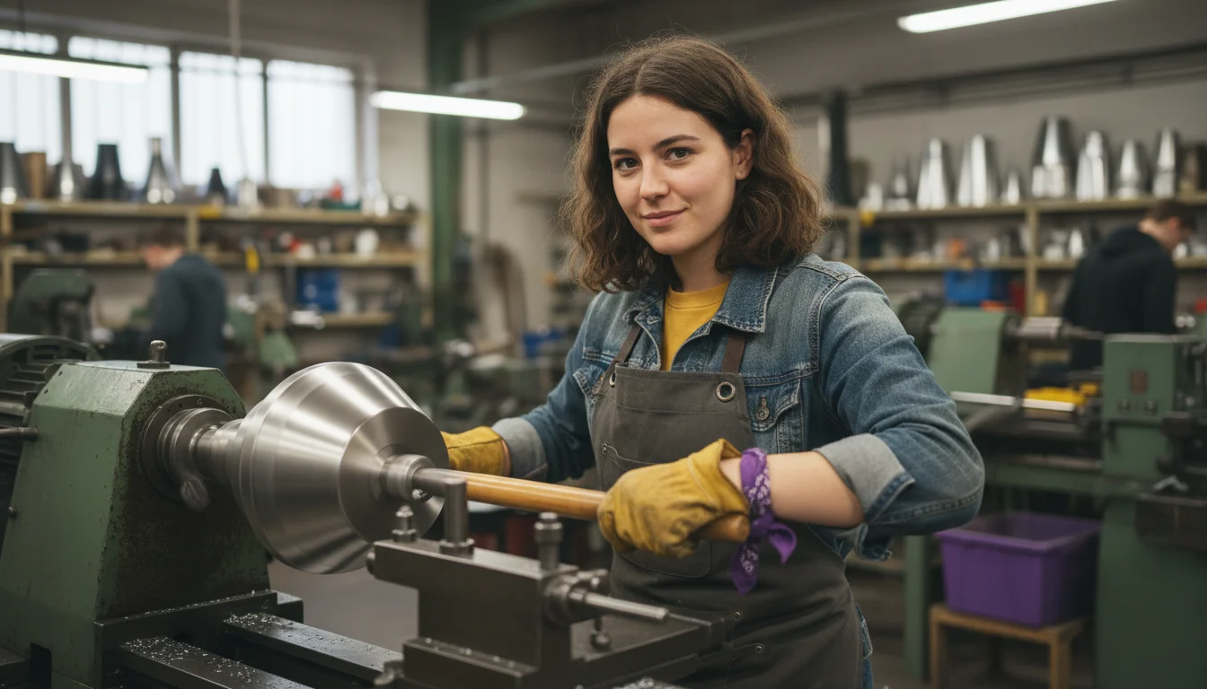 Metallbildner in der Fachrichtung Metalldrücktechnik beim Formen eines rotationssymmetrischen Hohlkörpers