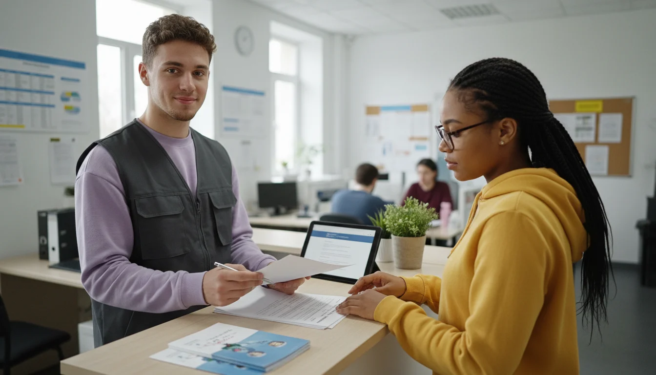 Fachangestellte für Arbeitsmarktdienstleistungen bei einem Beratungsgespräch am Servicearbeitsplatz