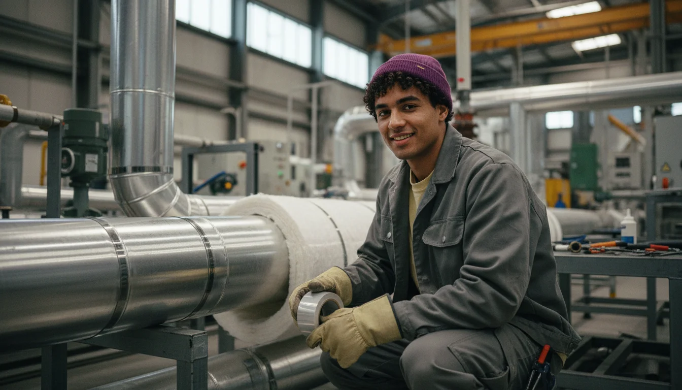 Industrie-Isoliererin beim Anbringen einer Blechummantelung an einer gedämmten Rohrleitung