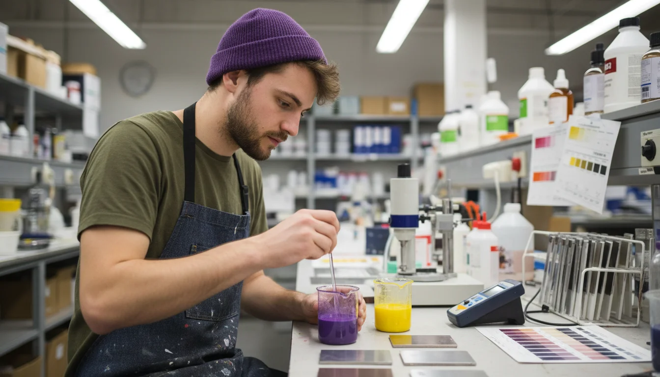 Lacklaborantin beim Prüfen einer Beschichtung im Labor