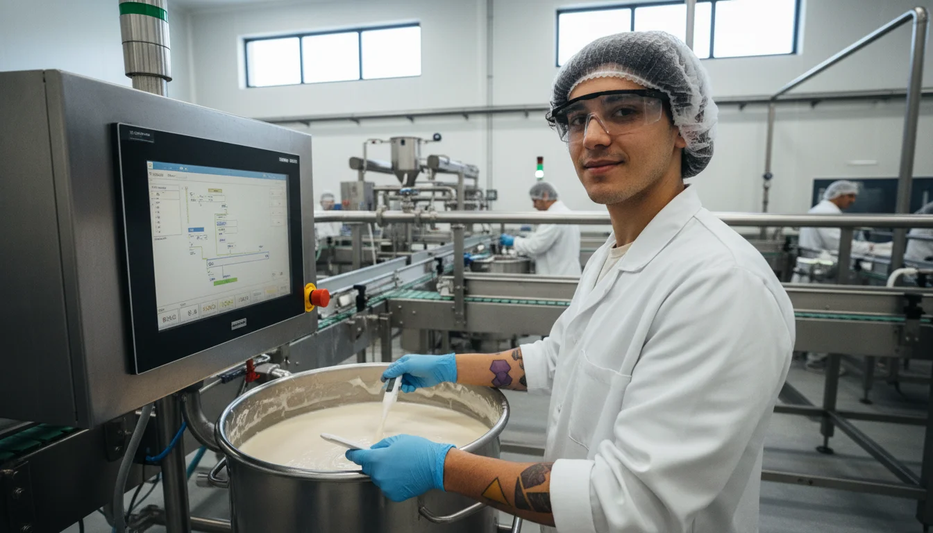 Fachkraft für Lebensmitteltechnik bei der Überwachung einer automatisierten Produktionsanlage