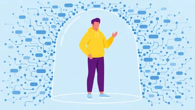 Azubi unter einem Schutzschirm, umgeben von einer wuchernden Datenmatrix – Symbol für KI-Resilienz durch gute Ausbildung.