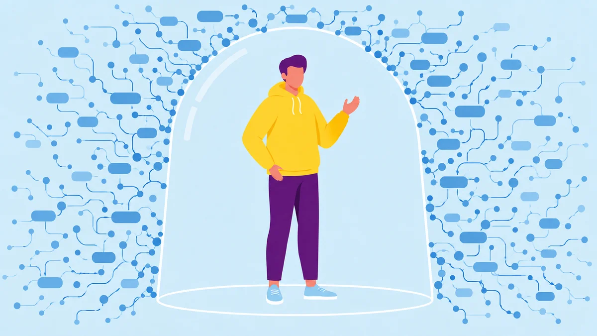 Azubi unter einem Schutzschirm, umgeben von einer wuchernden Datenmatrix – Symbol für KI-Resilienz durch gute Ausbildung.