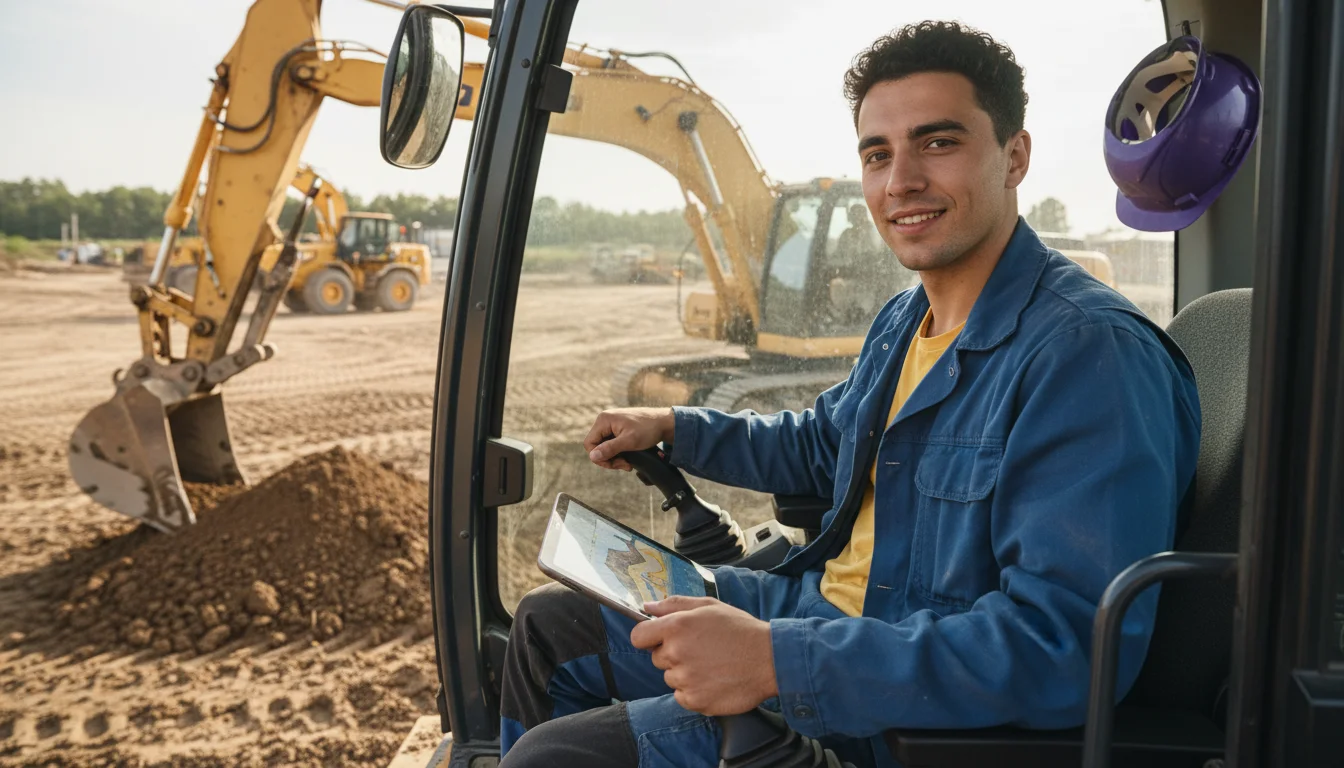 Baugeräteführerin beim Bedienen eines Baggers auf einer gesicherten Baustelle