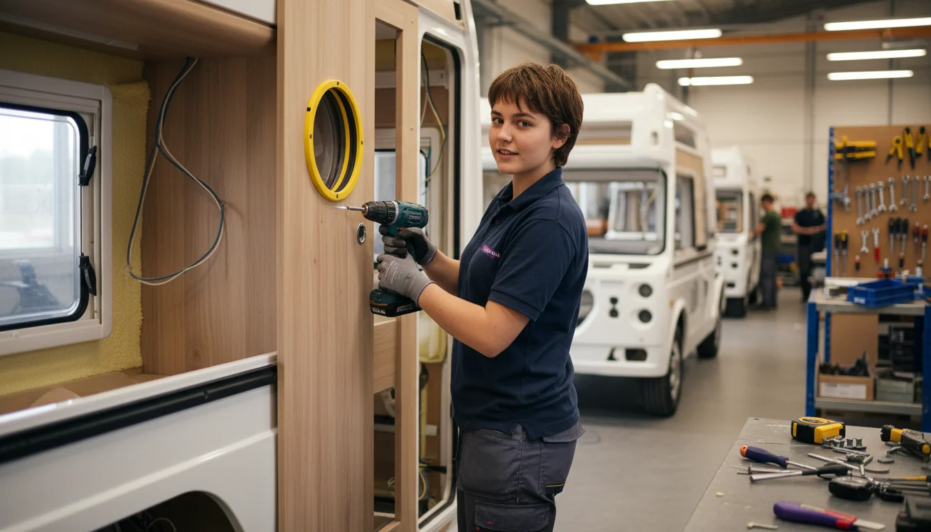 Karosserie- und Fahrzeugbaumechanikerin in der Fachrichtung Caravan- und Reisemobiltechnik bei einer präzisen Arbeit am Fahrzeug