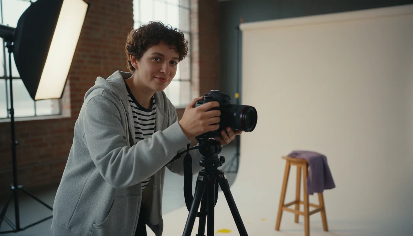 Fotografin bei einer professionellen Aufnahme mit Kamera, Lichtsetzung und digitaler Bildkontrolle