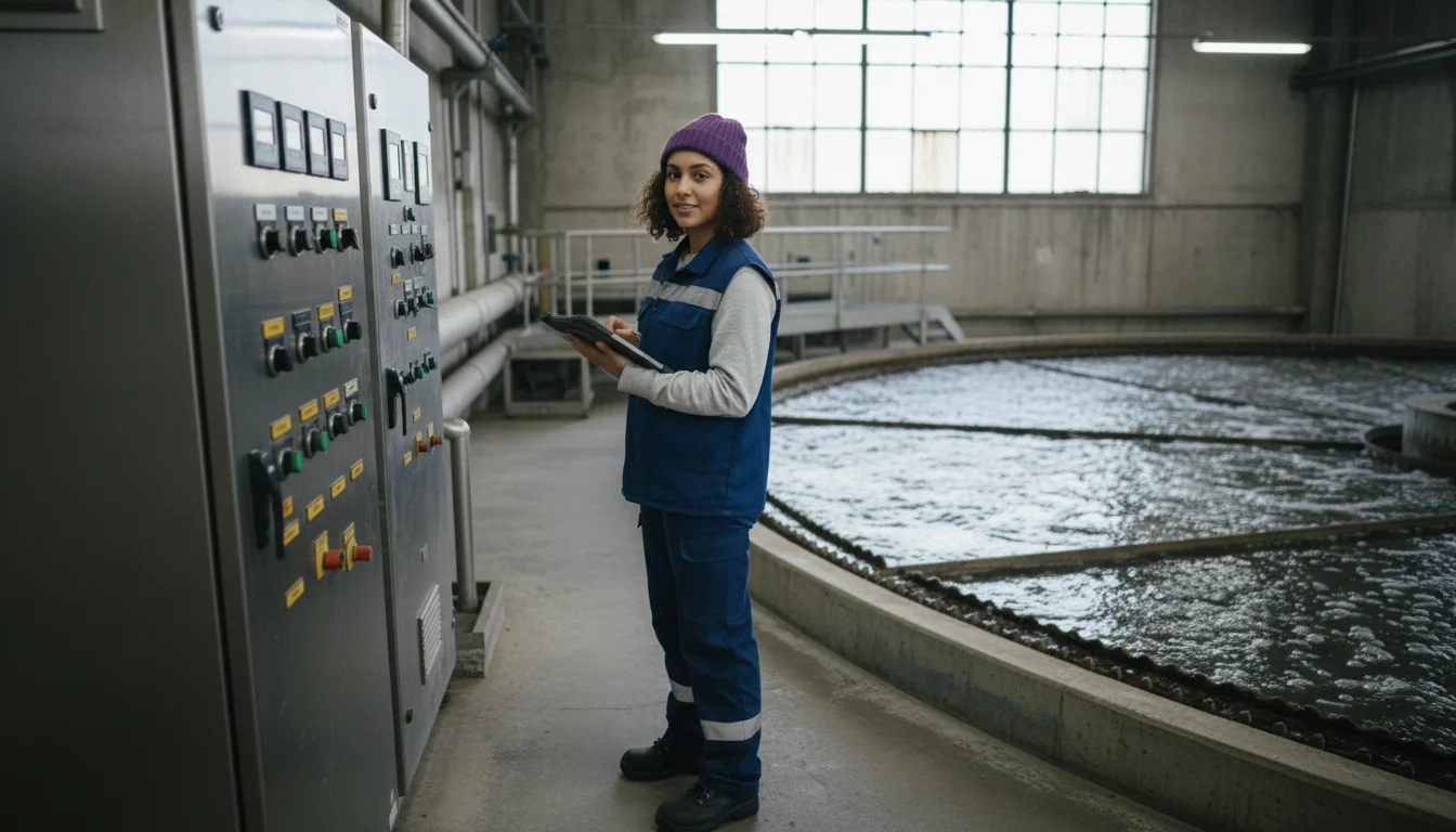 Umwelttechnologin für Abwasserbewirtschaftung bei der Kontrolle einer Kläranlage