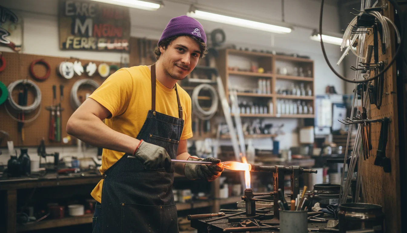 Leuchtröhrenglasbläser beim Formen einer Glasröhre an der Flamme