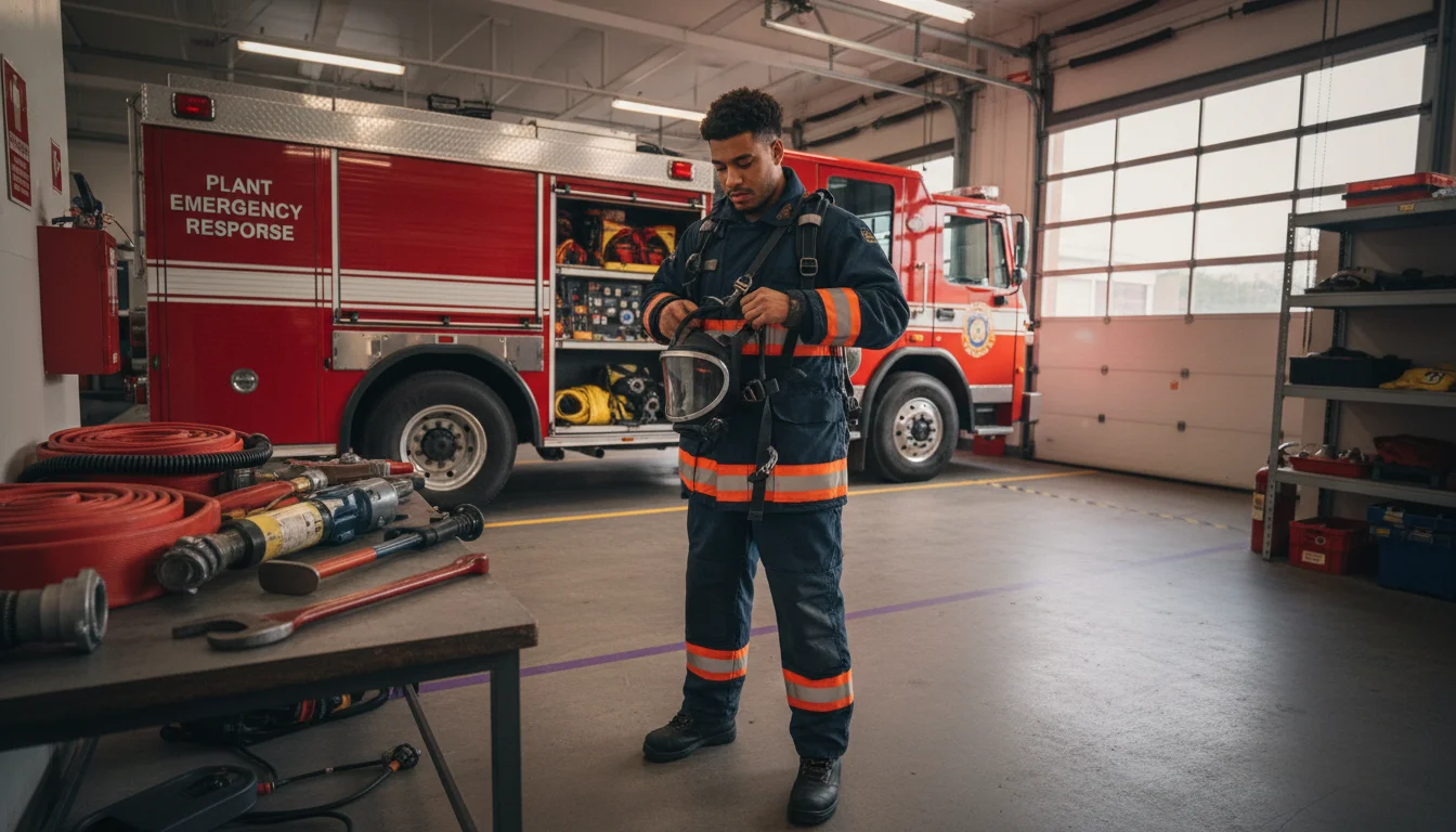 Werkfeuerwehrfrau bei einer Einsatzübung auf einem Industriegelände