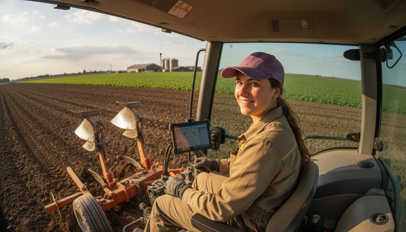 Fachkraft Agrarservice beim Führen einer landwirtschaftlichen Maschine auf einem Acker