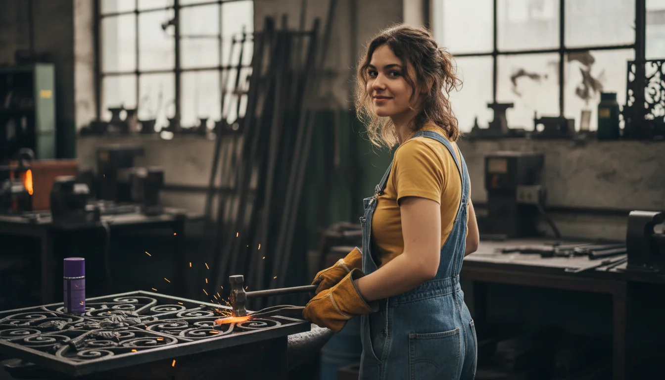 Metallbauer in der Fachrichtung Metallgestaltung beim Schmieden eines dekorativen Werkstücks