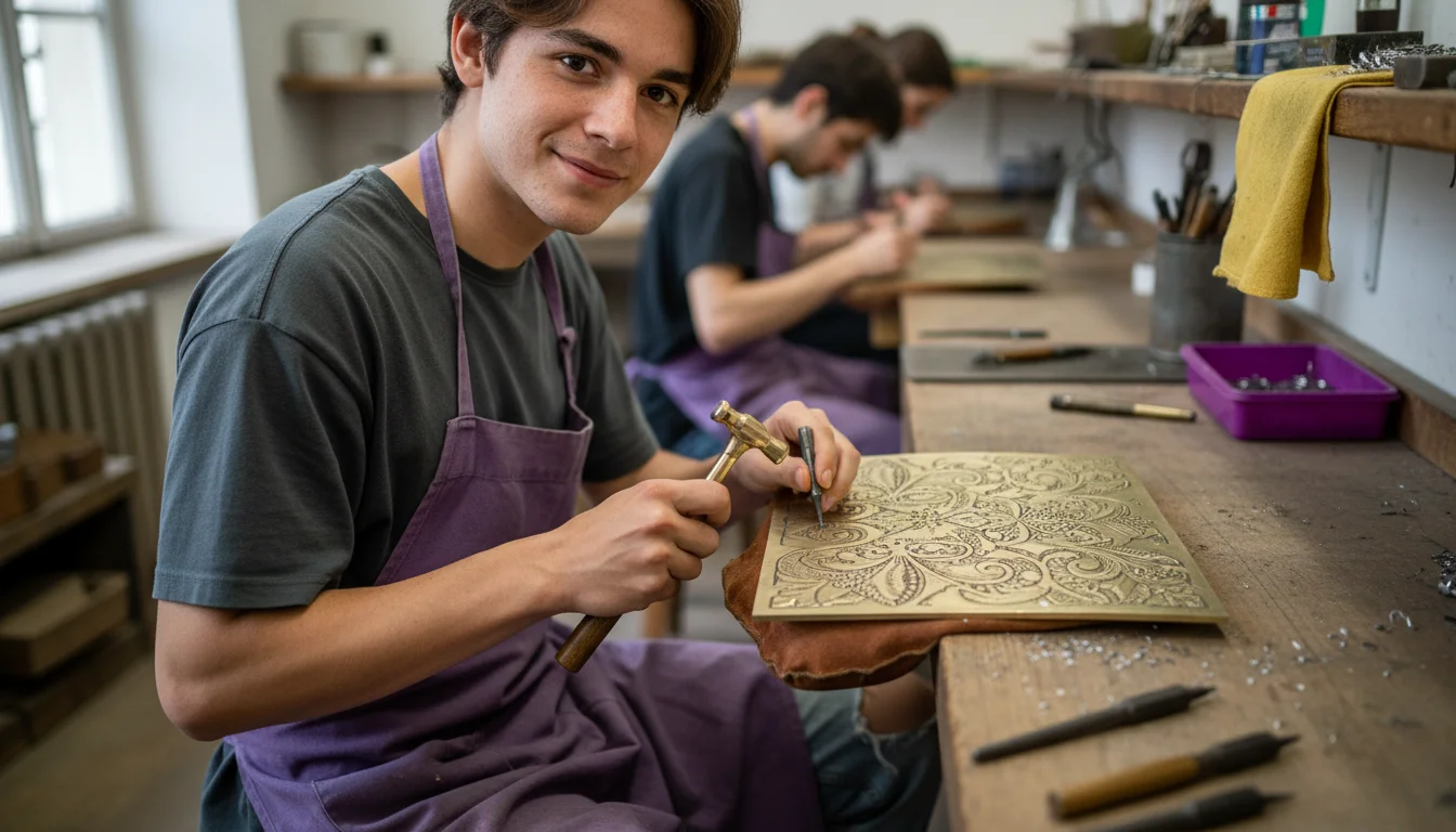 Metallbildnerin in der Fachrichtung Ziseliertechnik beim Bearbeiten eines Reliefs mit Ziselierwerkzeugen