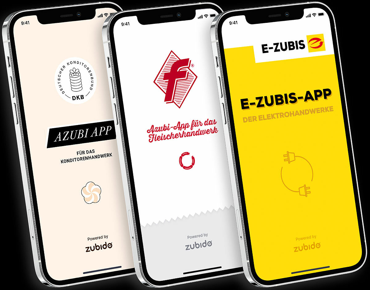 Drei Smartphones mit dem Startbildschirm der angepassten Apps für den deutschen Konditorenbund, das Fleischerhandwerk und das Elekrohandwerk 