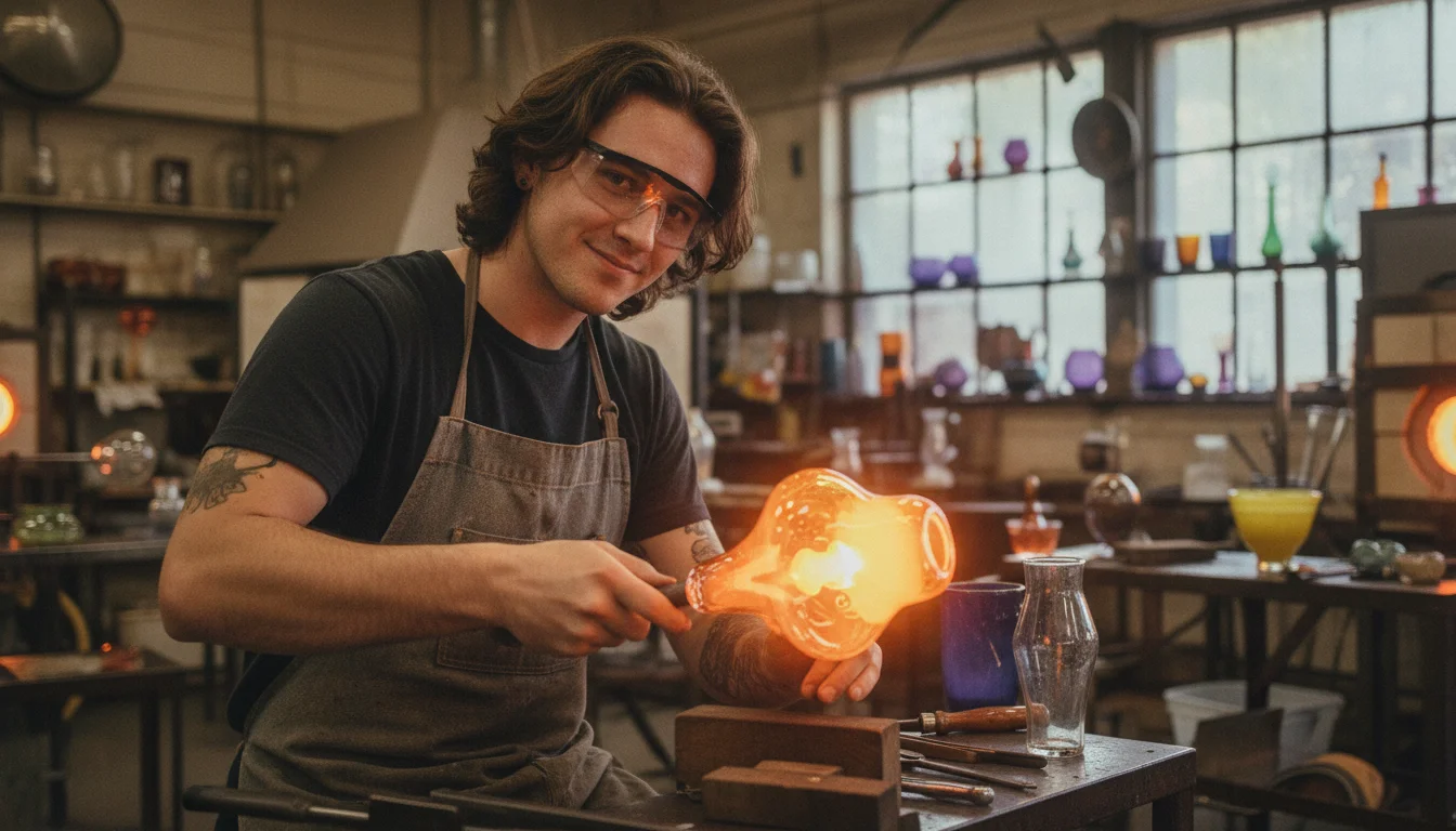 Glasbläser in der Fachrichtung Glasgestaltung beim freien Modellieren einer Tierplastik aus Glas