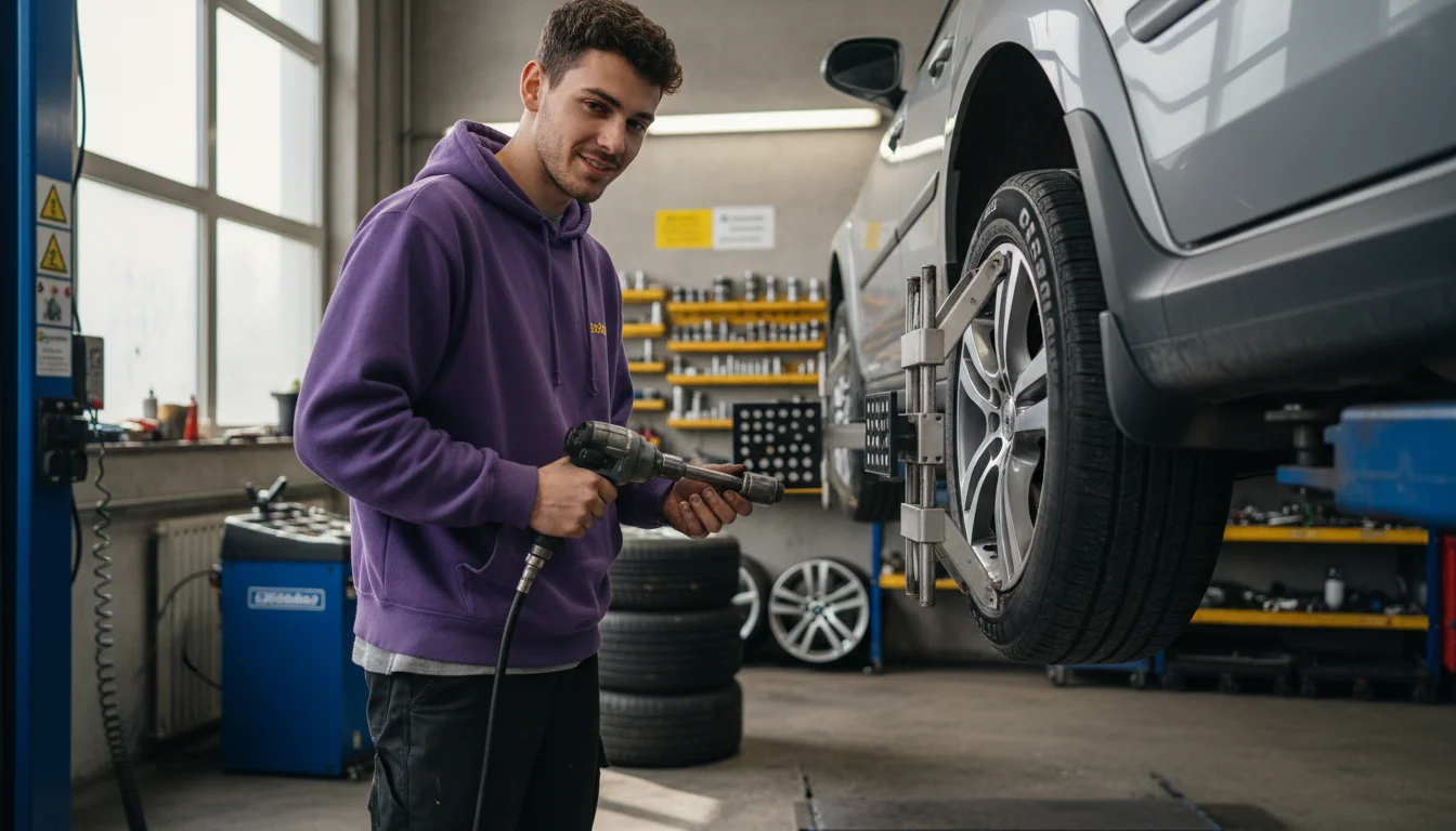 Mechanikerin für Reifen- und Vulkanisationstechnik in der Fachrichtung Reifen- und Fahrwerktechnik bei der Prüfung eines Fahrwerks