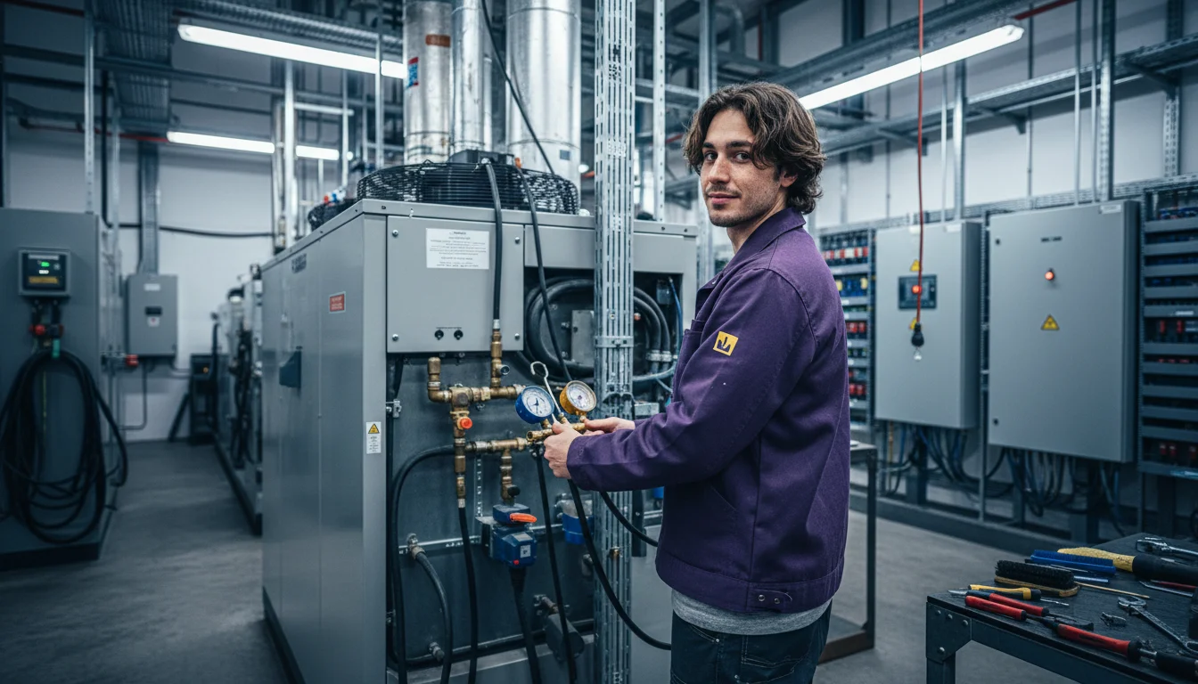 Mechatronikerin für Kältetechnik bei der Messung an einer Kälteanlage