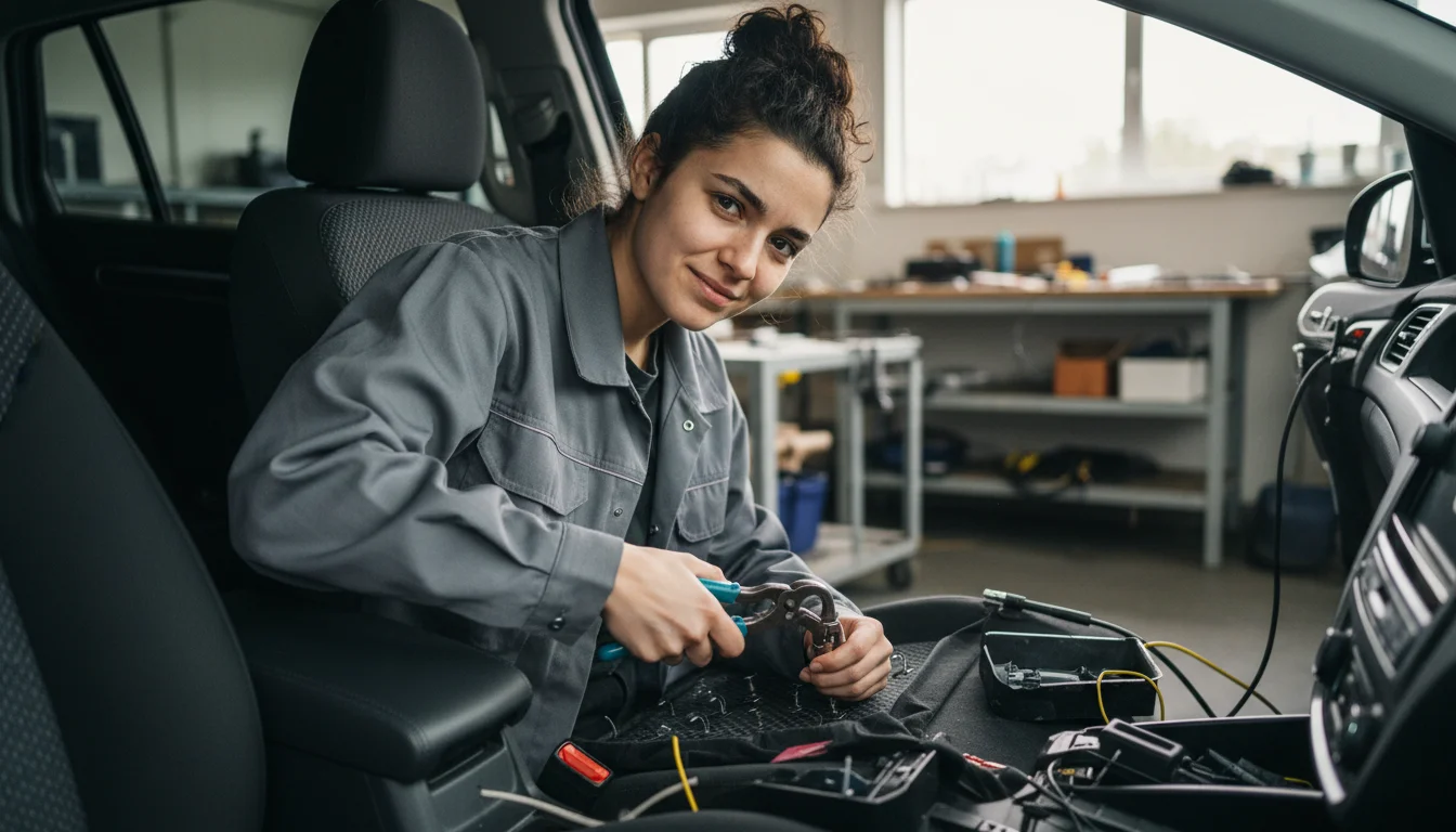 Fahrzeuginterieur-Mechanikerin beim Beziehen und Montieren eines Fahrzeugsitzes